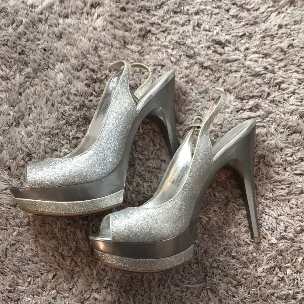 Silver peep toe heels